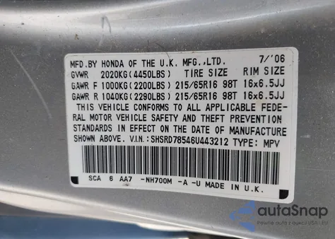 2006 Honda Cr-V Lx z USA, uszkodzony, nr VIN SHSRD78546U443212